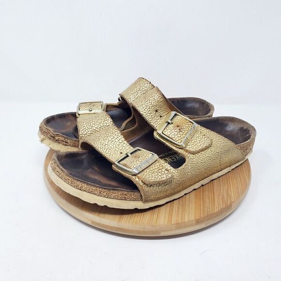 Birkenstock Arizona 38 Womens 7 Sandals Gold Pebble Leather Reptile Buckle Slide - Picture 2 of 12